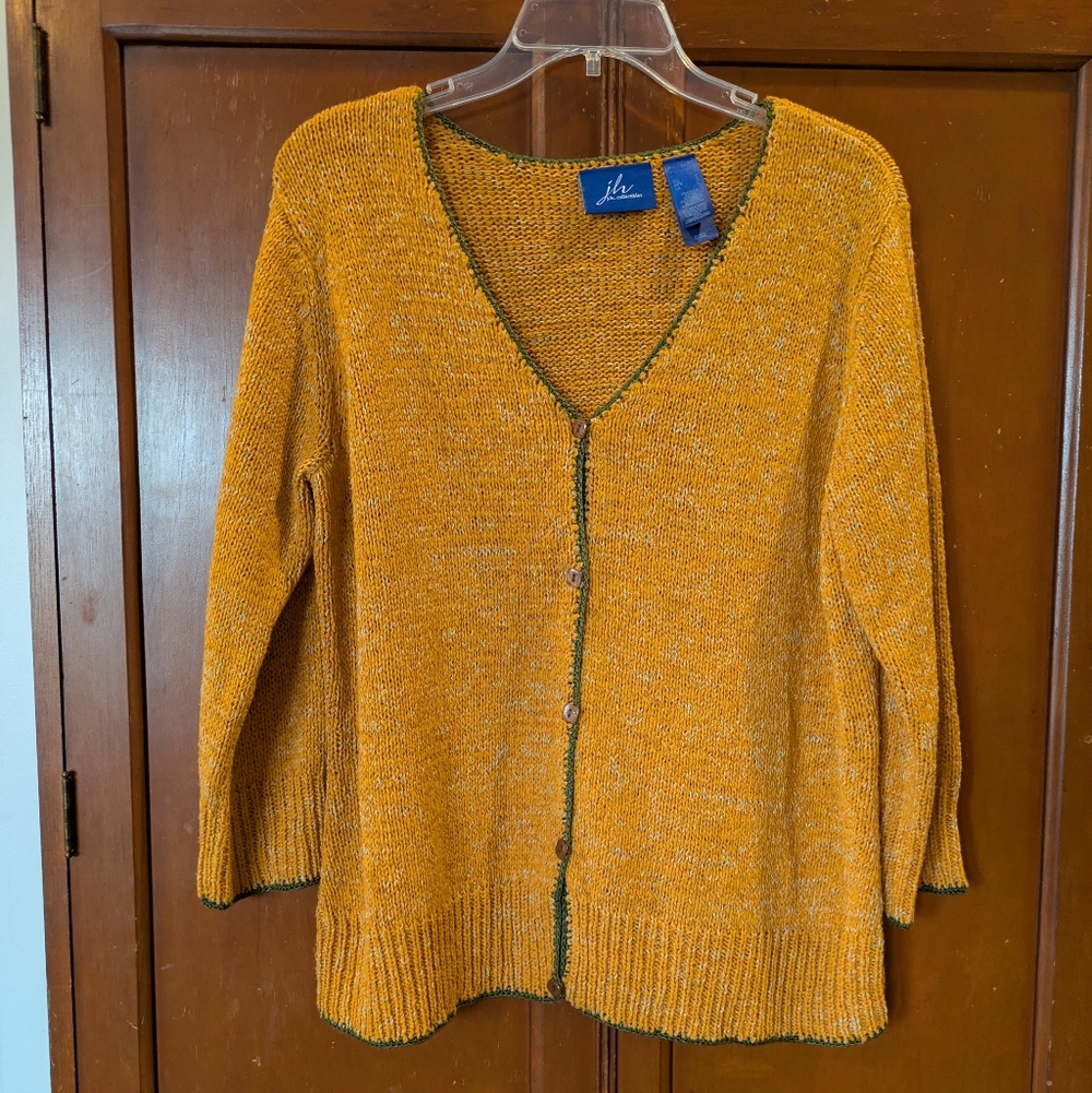 Women's Mustard Knit Cardigan Sweater With Green Trim Like New